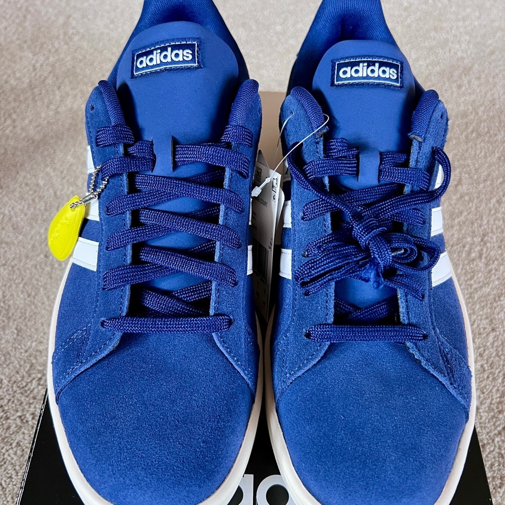 NEW Adidas Grand Court Blue Suede Sneakers White Stripes